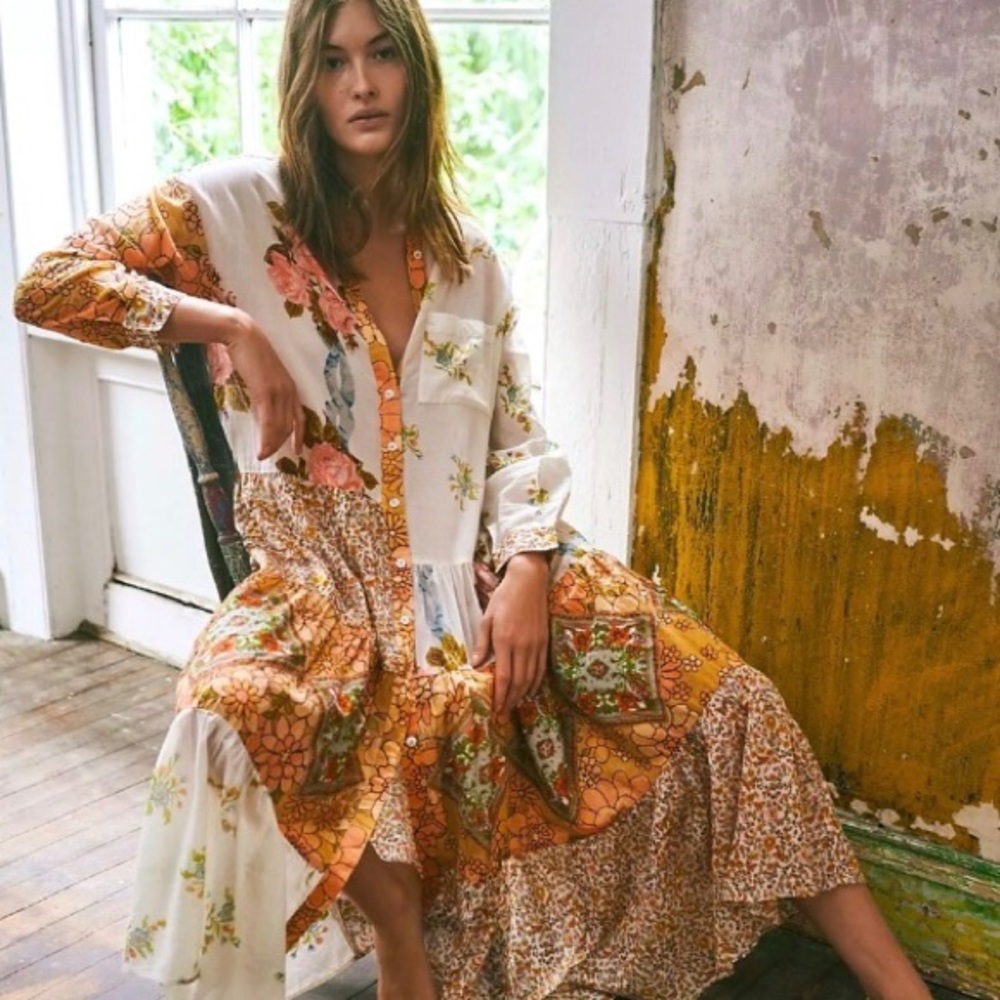 Free People Floral Patchwork Maxi Dress - Orange, Cream, Pink